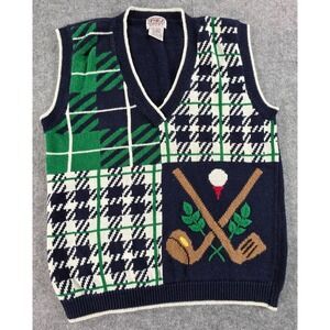 VTG Golf Knit Sweater Vest Pullover Preppy Academic Plaid PBJ Sport Adult Sz L